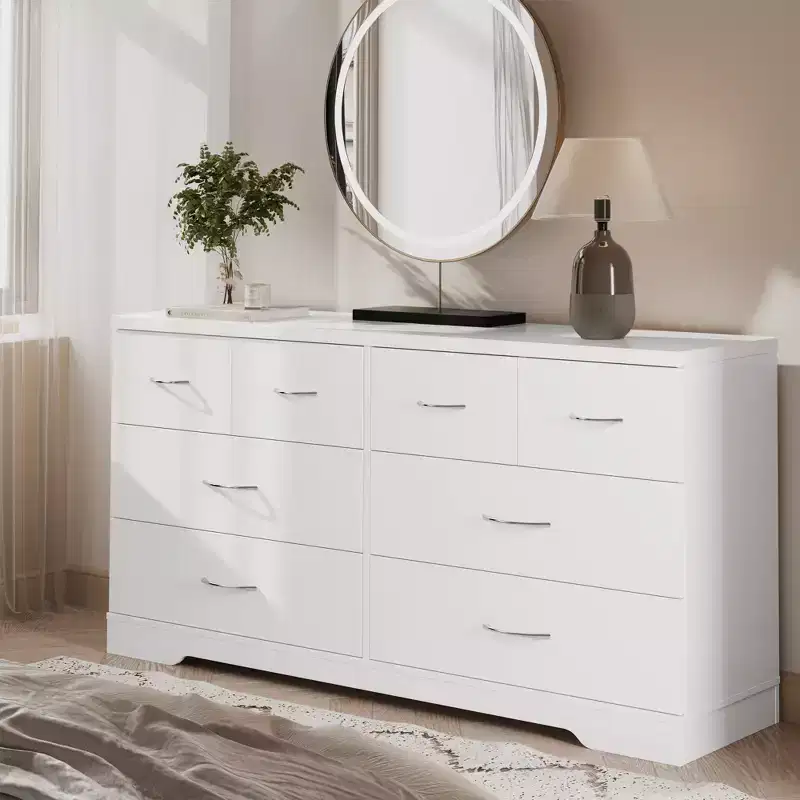 Large 8 Drawer Dresser for Bedroom, 55 Wide Modern Chest of Drawers, Dresser TV Stand with Metal Handle, Wood Drawer Organizer, White