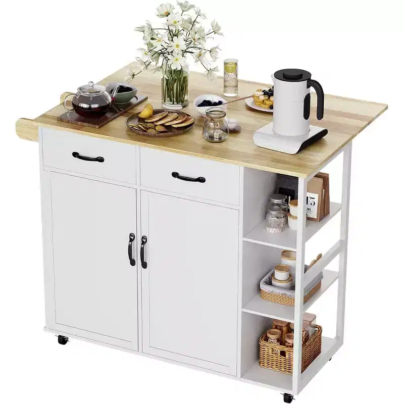43W Wood Top Kitchen Island Table with 2 Door Cabinets 2 Storage Drawers, Spice Rack