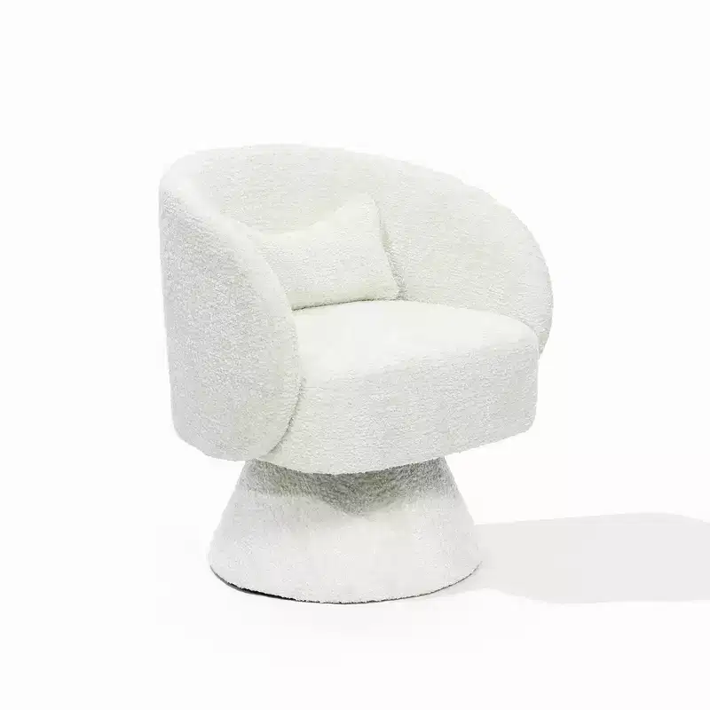 Upholstered Cream Club Swivel Chair with Cream Wood Base, Off-White