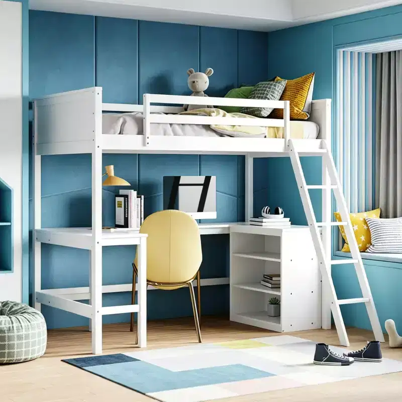 Luxystar Modern Twin Size Loft Bed with Built-In Desk and Storage Shelves,