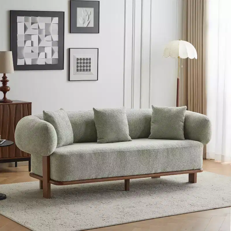 Christopher Knight Home Tadg 82 Rubberwood Boucle Upholstered 3 Seater Curved Sofa with 3 Pillows and Round Arm
