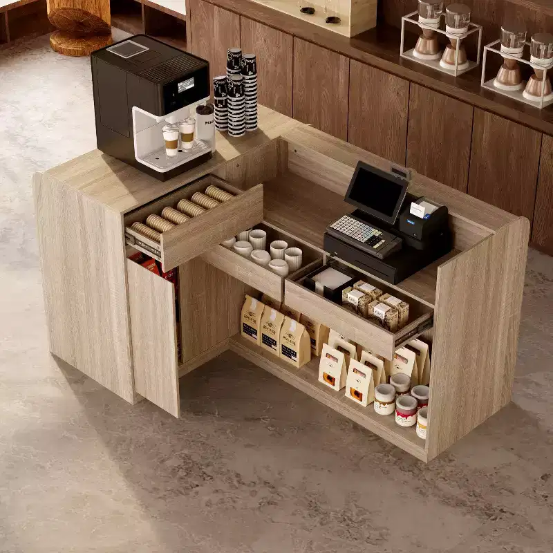 Light Wood Retail Cash Register & Reception Counter with Display Shelves