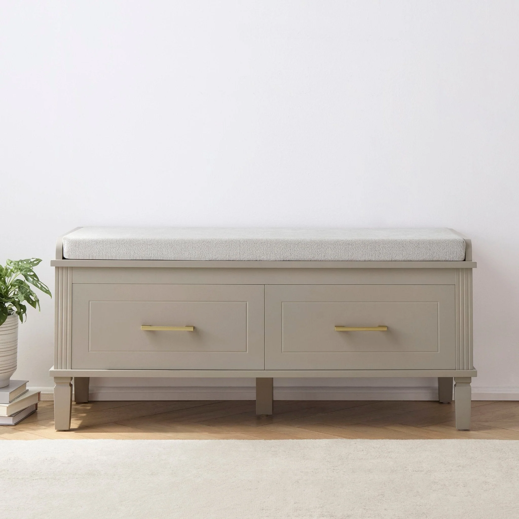 Classic Taupe Painted Storage Cabinet with Upholstered Seat for Hallway