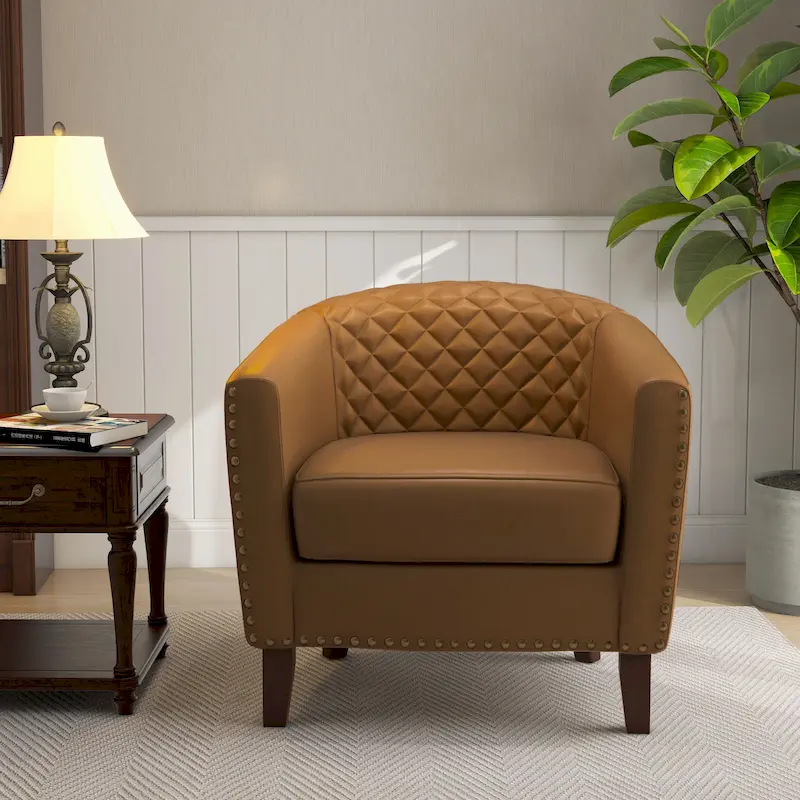 Ethan Accent Chair Barrel PU Leather with Nailhead Trim
