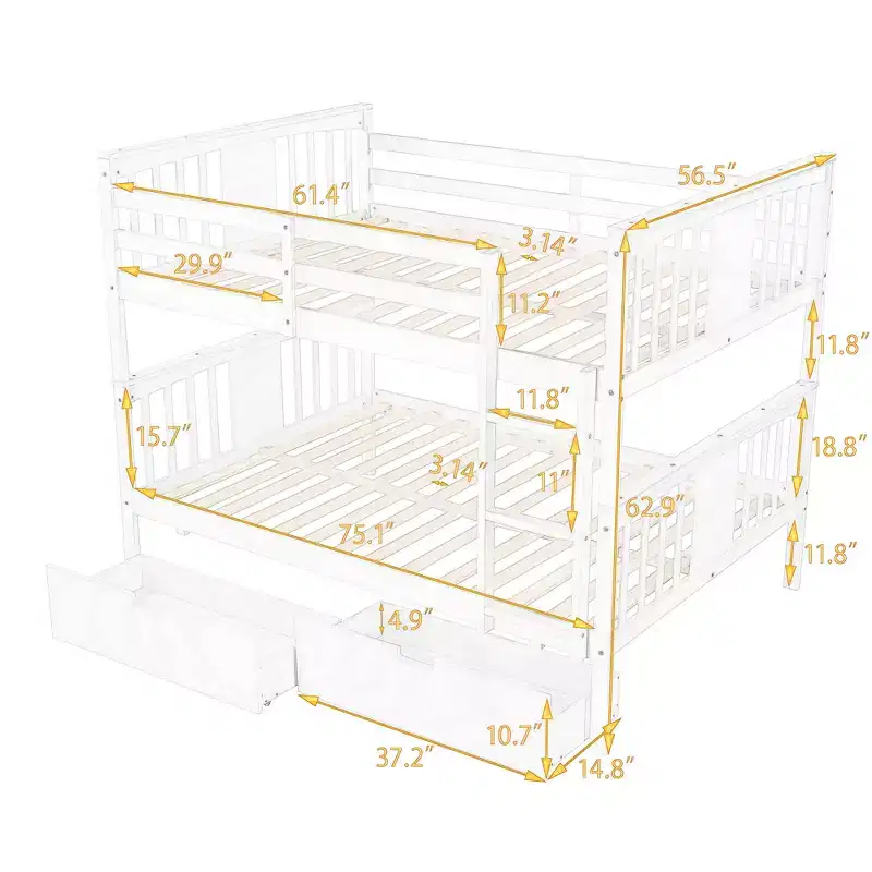 Full over Full Bunk Bed with Drawers, Full Size Wood Bunk Bed Frame for Kids Teens Adults, Can be Convertible to 2 Beds