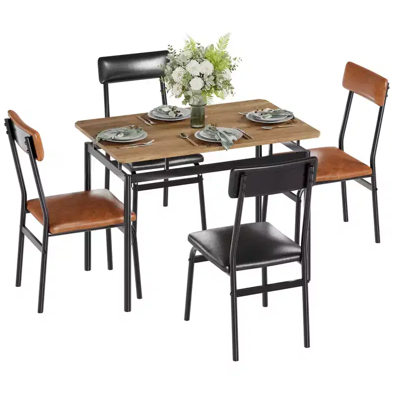 Dining Table Set for 4, 5 Piece Wooden Dining Room Table Set, 4 PU Upholstered Chair,Metal Frame Dinette Set for Dining Room, Party, Apartment