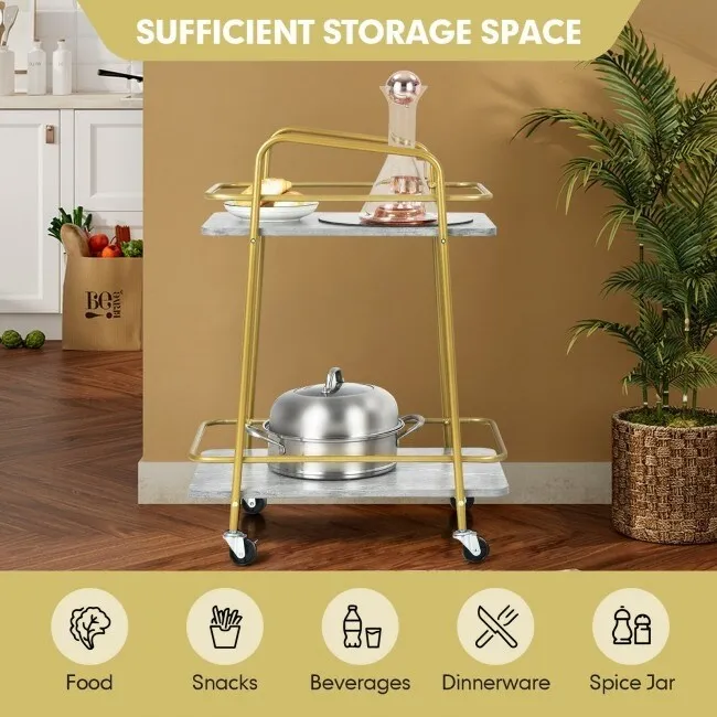 2-tier Kitchen Rolling Cart with Steel Frame and Lockable Casters-Gray - 16 x 24 x 32.5 (L x W x H)