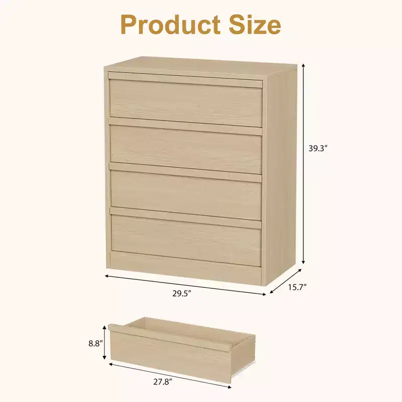 4 Drawer Dresser for Bedroom, Nightstand 4 Chest of Drawers with Large Storage, Small Bedside Table for Living Room, Nursery, Entryway