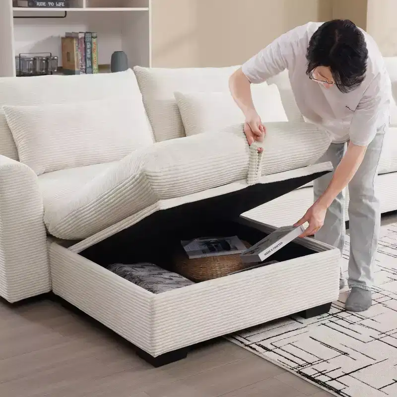 Square Corduroy Storage Ottoman Bench with Hidden Storage, Upholstered Footrest for Living Room & Bedroom