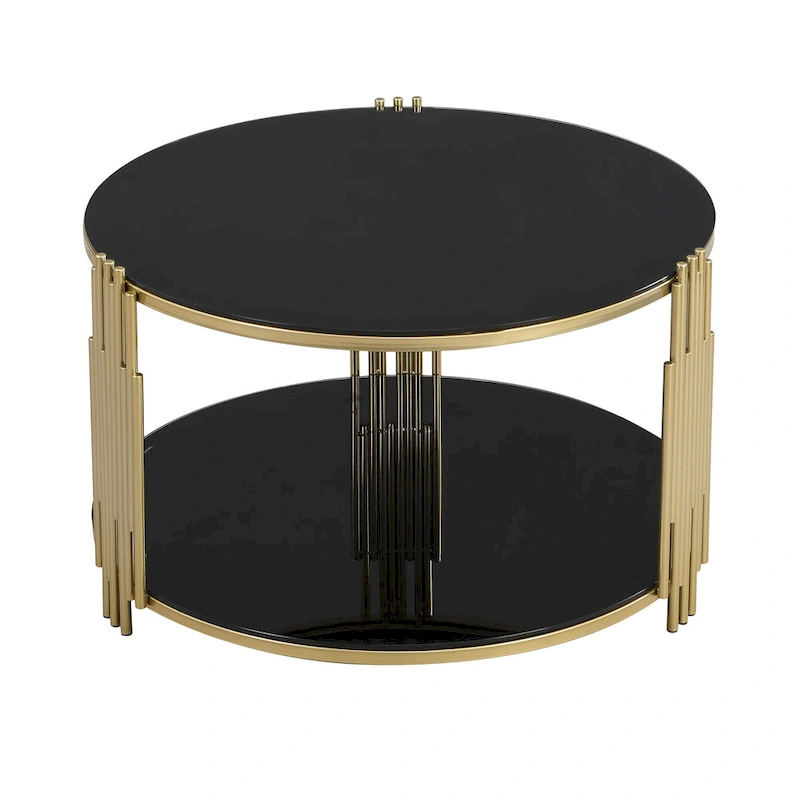 31.5 Tempered Glass Coffee Table with Asymmetrical Metal Design and Lower Shelf