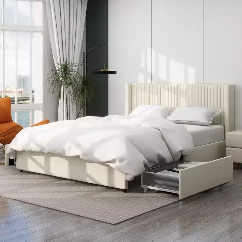 Upholstered Queen Size Platform Bed with Wingback Headboard and 2 Drawers, Ivory Velvet