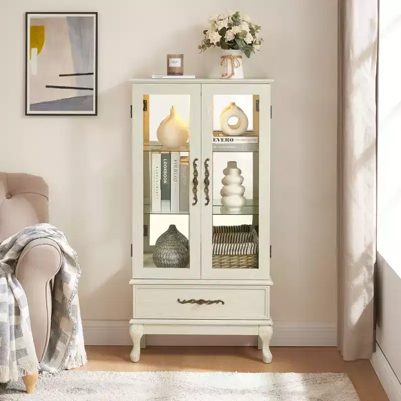 Curio Cabinet with Light, Adjustable Shelves, Vintage Drawer, and Carved Handles for Sophisticated Display
