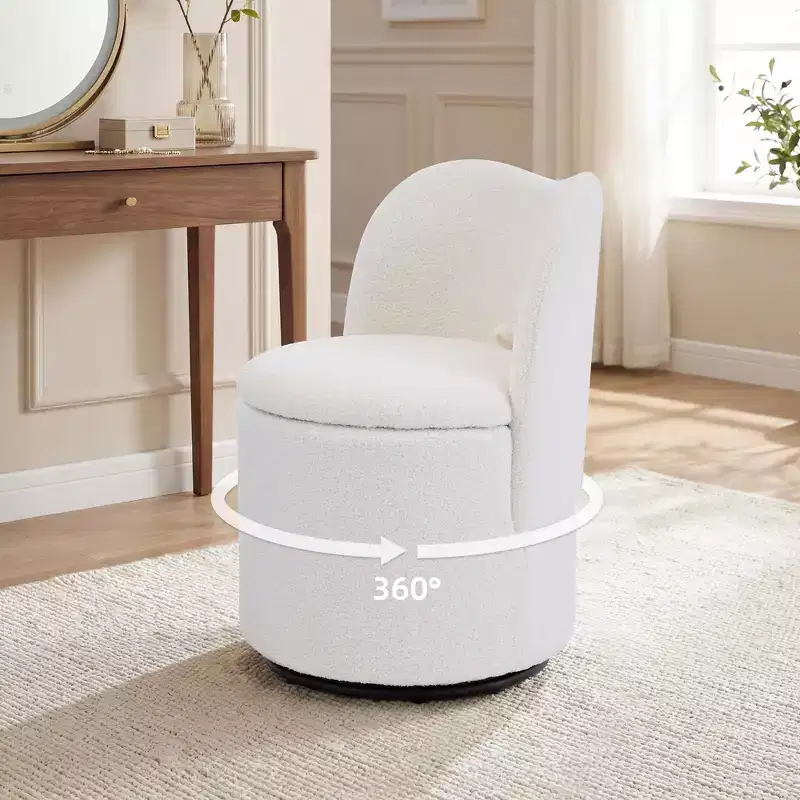 Swivel Vanity Chair with Storage, Upholstered Round Makeup Stool with Back, Soft Padded Barrel Accent Armchair for Bedroom & Living Room