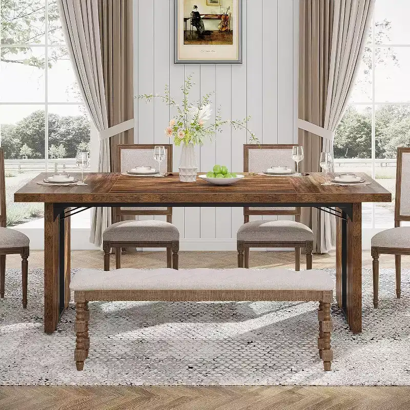 Rustic Wood Large Executive Desk Rectangular Dining Table, Long Modern Kitchen Dinner Table for Dining Room, Family Meals