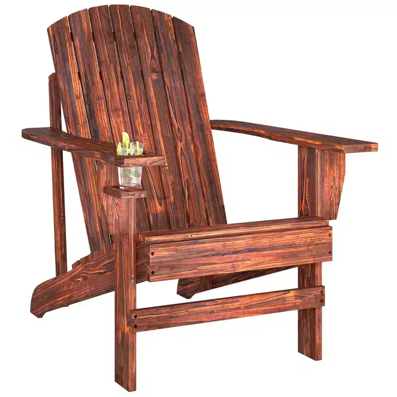 Oversized Wood Adirondack Chair with Built-In Cup Holder, Brown