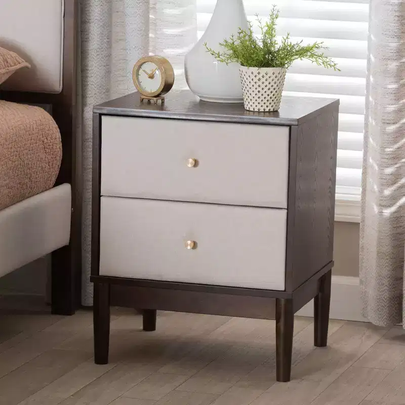 Mid-Century Fabric and Wood 2 Drawer Nightstand, Beige/Wenge Brown