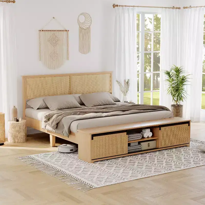 Natural Rattan Queen Bed Frame with Wooden Headboard & Storage Bench & LED Lights, App-Controlled Lighting, Noise Free, No Box Spring Needed