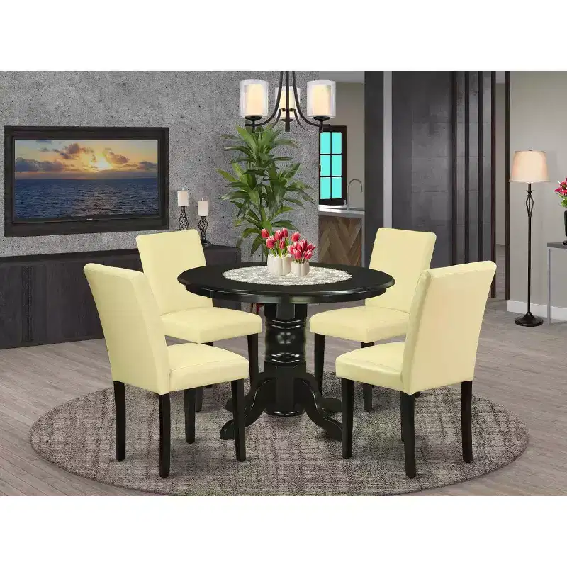 HomeStock 5-Piece Round Black Finish Solid Wood Top Dining Table with 4 Parson Chair