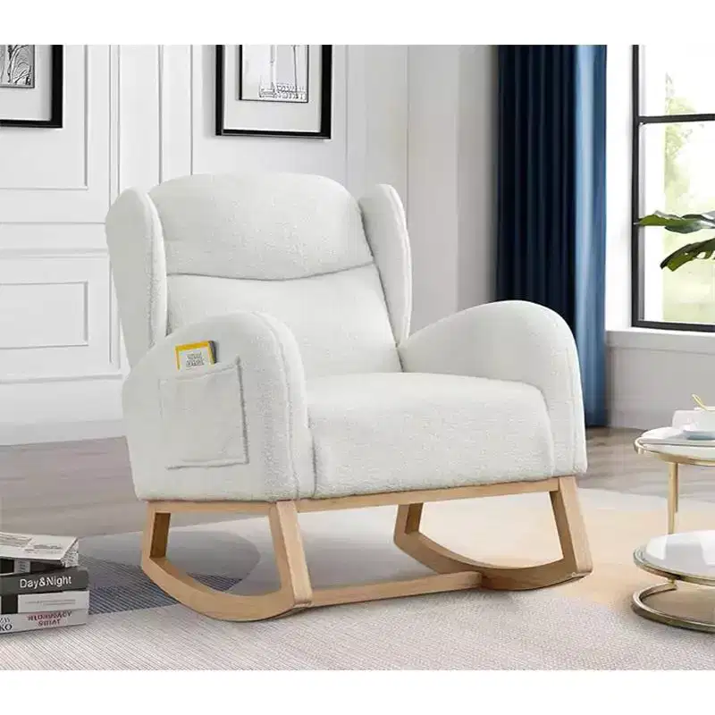 Linen Rocking Chair with Thick Headrest, Upholstered Mid-Century Modern Nursing Rocker Glider, Curved Armrest, Sturdy Solid Wood Base.
