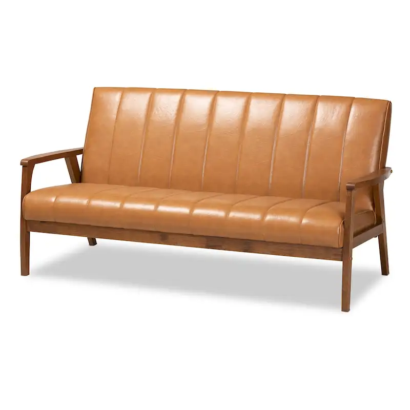Faux Leather & Walnut Wood Sofa | Tan Upholstered | Mid-Century Modern Living Room