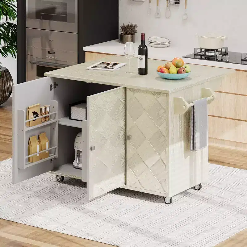 ASH Veneer Handwoven Rolling Kitchen Island with Drop Leaf & Internal Storage Rack