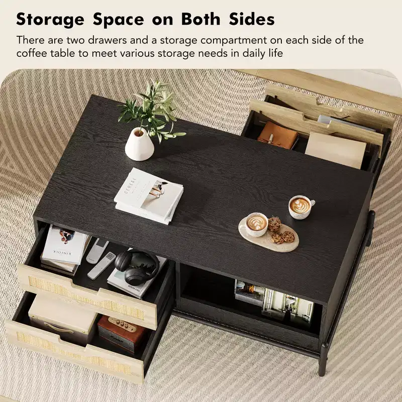 Farmhouse Boho Rattan Coffee Table with 4 Woven Drawers & Open Storage Shelf, Coffee Tables w/LED Lights, Wooden Center Table for Living Room