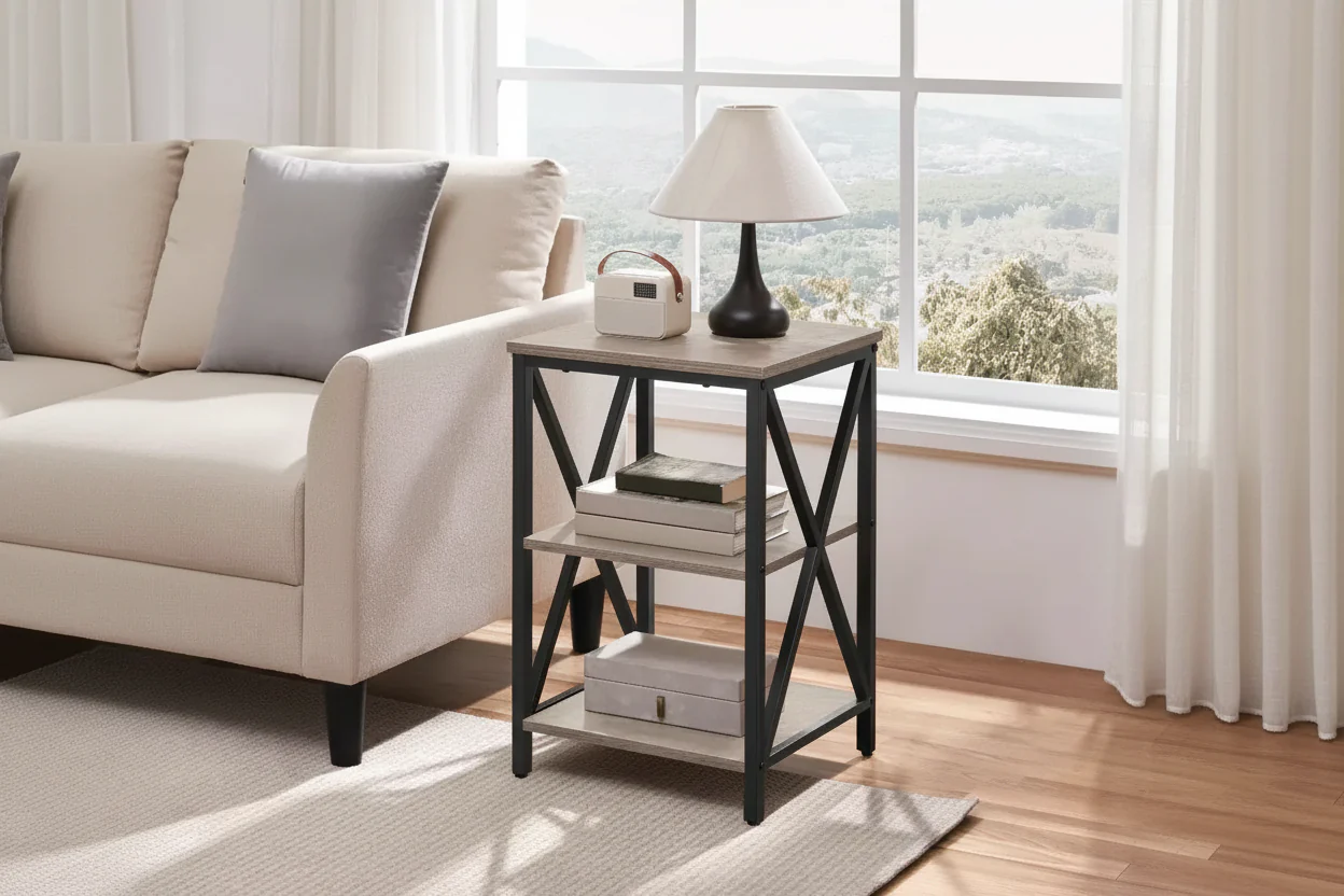 3-Tier Side End Table – X-Shape Metal Frame, 3 Shelves, Industrial Style
