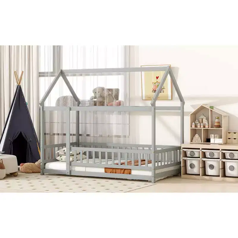 MAYEERTY Twin House Floor Wooden Bed with Roof Frame, Safety Guardrails Gray