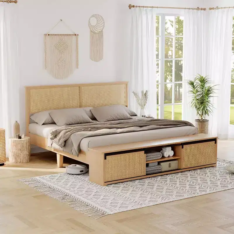 Boho Farmhouse Natural Rattan Bed Frame, Sliding Barn Door Storage and LED Light Headboard, Solid Wood Support Legs.