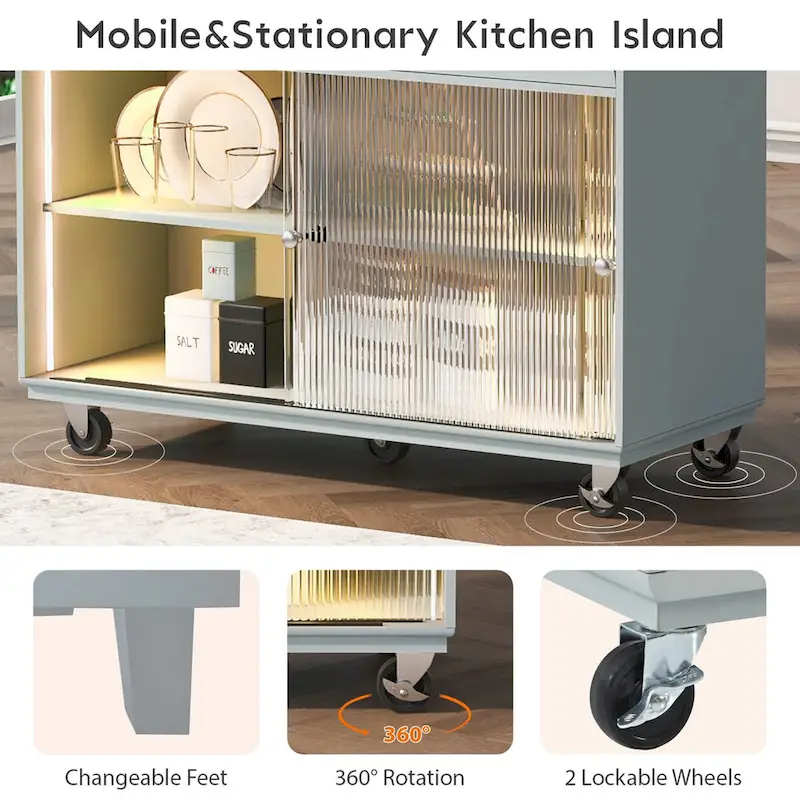 44 in. W Kitchen Island Rubberwood Drop-Leaf Countertop on 5 Wheels with Open Shelf and Wine Rack - 44