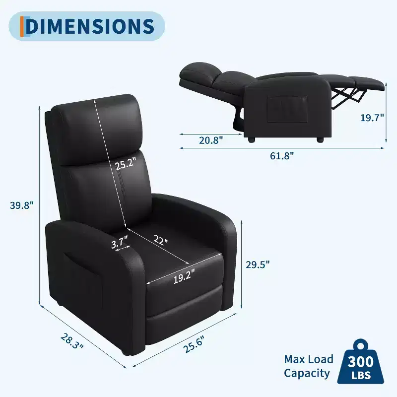 Recliner Chair, Leather Recliner Adjustable Single Sofa with Side Pocket, Tall Back, Wide Arms & Padded for Living Room