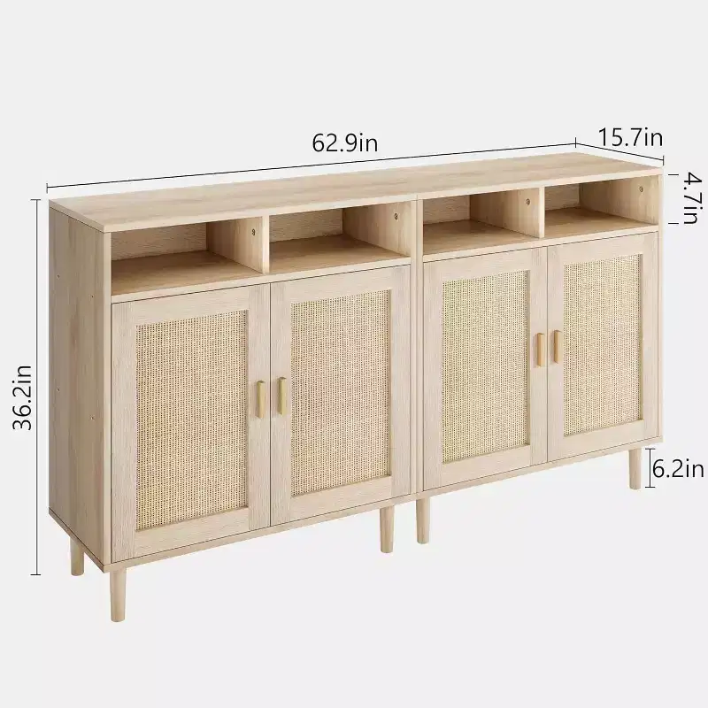 Rattan Sideboard Buffet Cabinets - 2-Door Storage with Shelf, Modern Dining Room, Coffee Bar Furniture, 36H