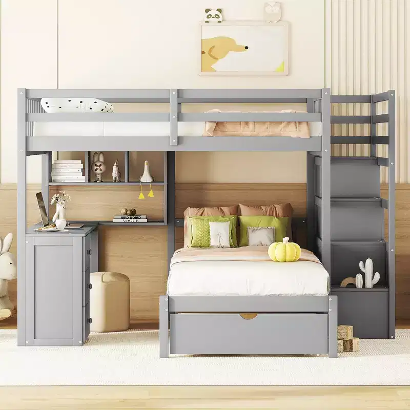 Full Over Twin Bunk Bed with Built-in Desk, Shelves, Multiple Drawers and Storage Staircase
