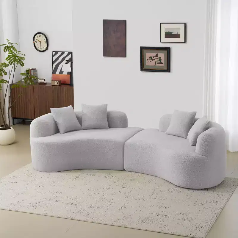 Curved Four Seater Full Compression Sponge Sofa, Teddy Velvet Fabric, No-Assembly Compact Sofa for Small Spaces & Apartments