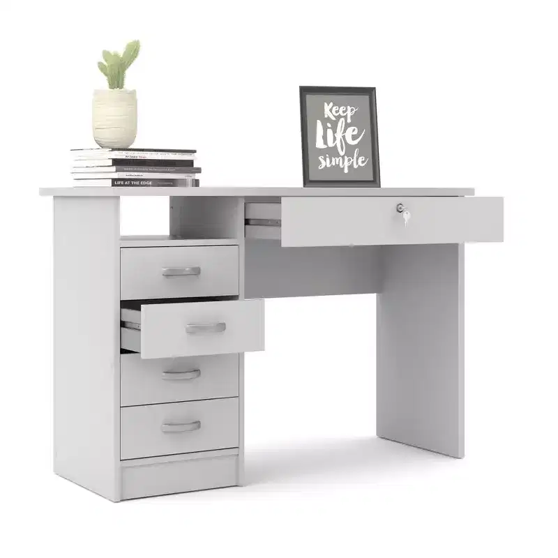 Writing Desk with 5 Drawers White Foil Finish Lockable Drawer Metal Glides Home Office