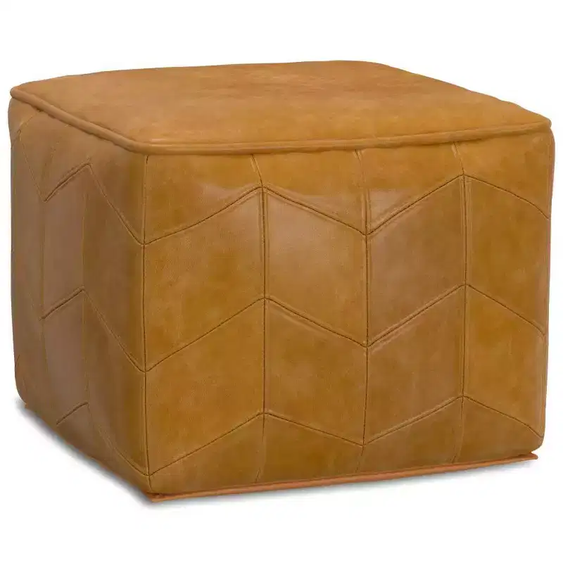 Square Pouf Brown: Chevron Genuine Leather, No Assembly, Padded Seating