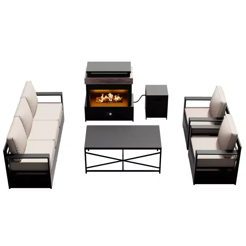 UPTIOT 5-Piece Outdoor Set: 3-Seat Sofa, 2 Chairs, Fire Table & Coffee Table with Waterproof Olefin Fabric for Patio/Backyard