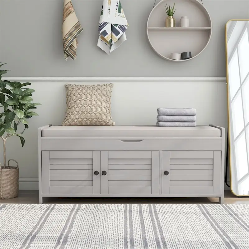 Merax 3 Shutter-shaped Doors Storage Bench with Removable Cushion