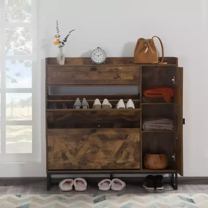 Slim Shoe Cabinet with 2 Flip Drawers & Side Cabinet, Space-Saving Entryway & Closet Organizer
