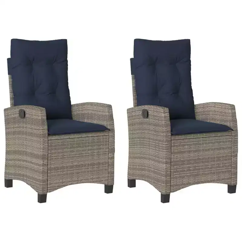 vidaXL Reclining Patio Chairs with Cushions - 2 pcs Set, Gray Poly Rattan, Adjustable Backrest, Weather-Resistant Outdoor Lounge Seating