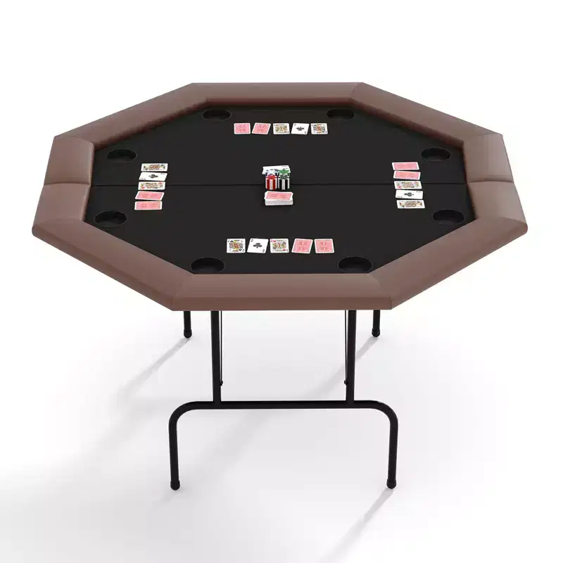 8-Player Octagon Poker Table  Foldable Brown Casino Table with Cup Holders for Texas Holdem & Blackjack (Professional Home Game Equipment)