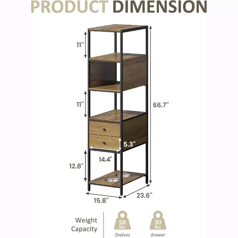 Heynemo Industrial Bookshelf, Standing Display Shelf with 2 Dog Bowls, Metal and Wood Bookshelf, Dog Feeder Station with Shelves