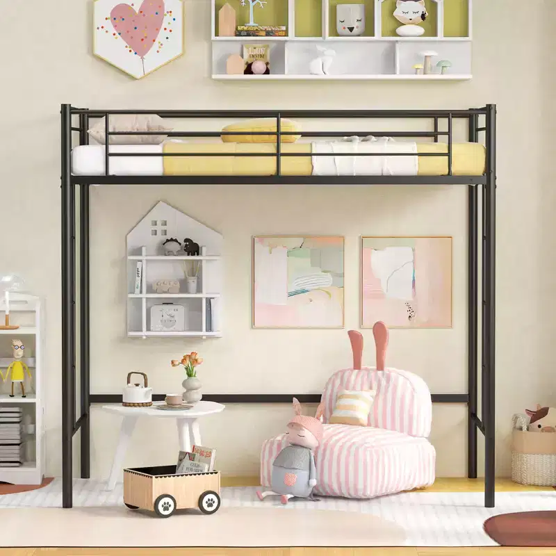 Twin Size Loft Bed, Heavy Duty Metal Frame with Safety Guardrail