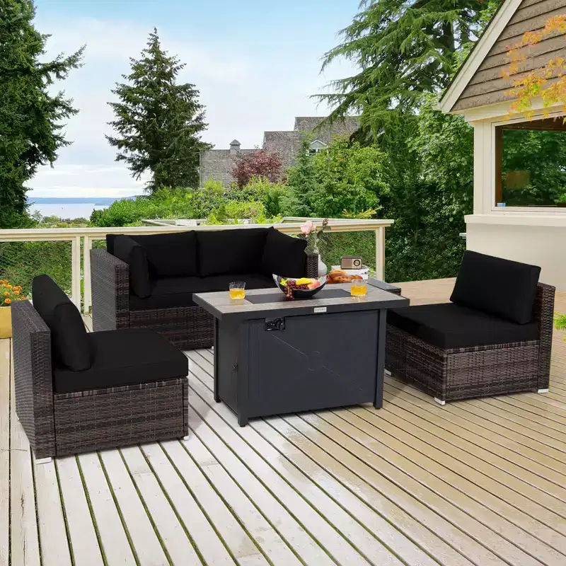 Costway 6PCS Patio Furniture Set Rattan Cushioned Sofa Gas Fire Pit Table Black/Turquoise/Red/Off-white/Navy