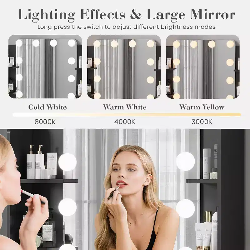 Makeup Vanity Desk with Mirror and 12 LED Lights, White Vanity Table with Power Outlet, Modern Dressing Table Furniture for Bedroom