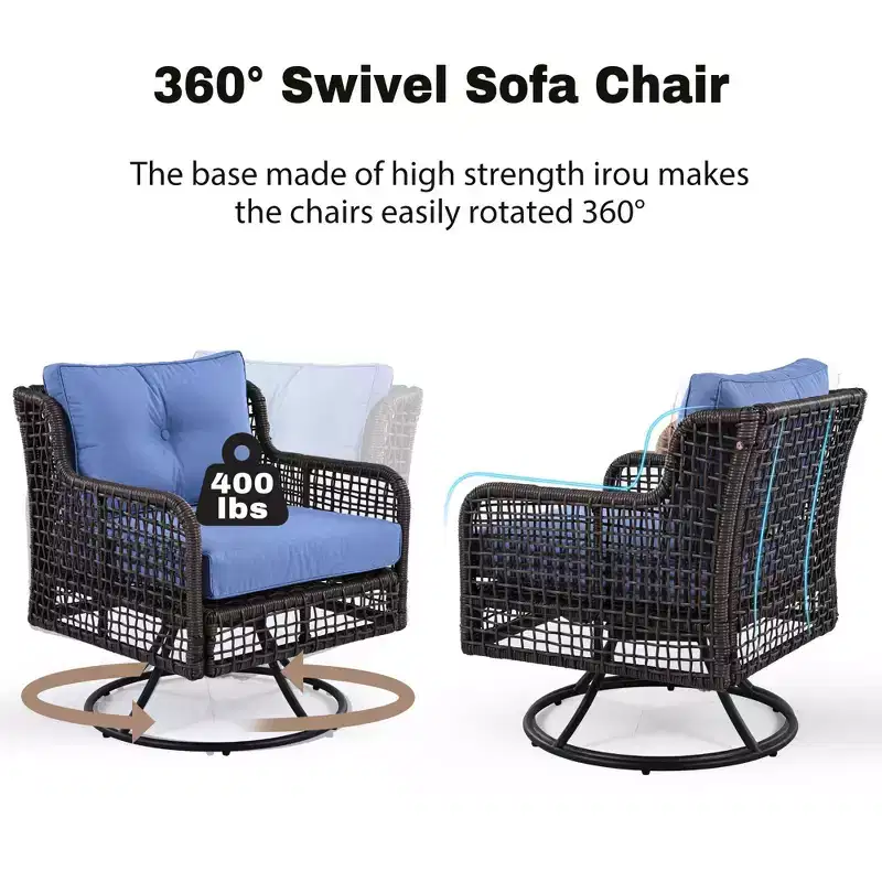4 Pieces Patio Furniture Set with Swivel Chairs, Outdoor Wicker Sofas for 5-person, Sectional Rattan Outdoor Conversation Set, Blue