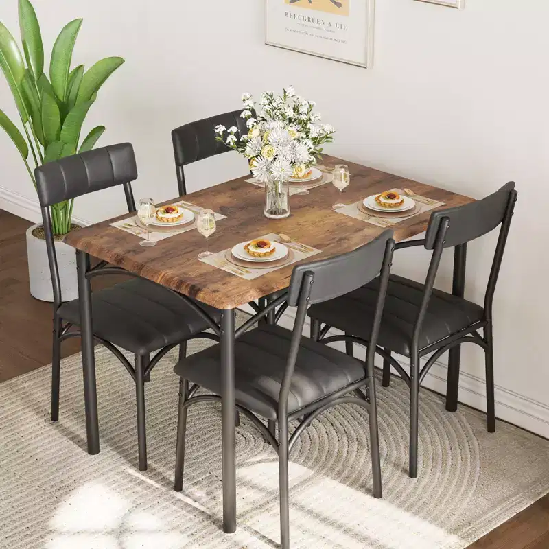 Dining Table Set for 4 for Small Spaces, Kitchen Table with 4 Upholstered Chairs, Modern Wood & Metal Frame for Apartment, Dining Room