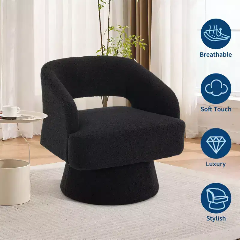 360 Swivel Barrel Chair - Teddy Fleece Upholstered Living Room Chair, Ergonomic Openwork Backrest, Accent Armchair for Bedroom, Office, Apartment