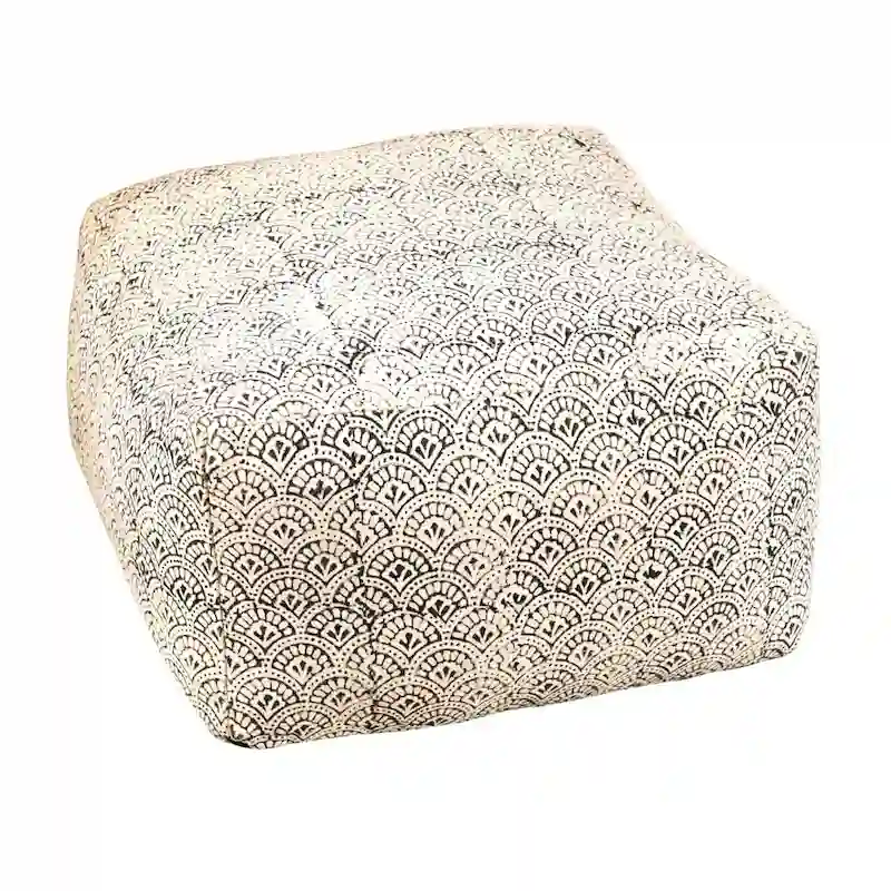 Square Upholstered Floor Pouf Ottoman, Medium Size, Cream Fabric