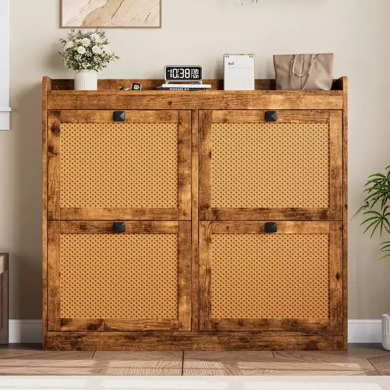Shoe Cabinet with 4 Deep Flip Drawers, Base Freestanding Wooden Shoe Storage Cabinet, Shoe Organizer Hidden Shoe Rack for Entryway, Hallway, 2PCS